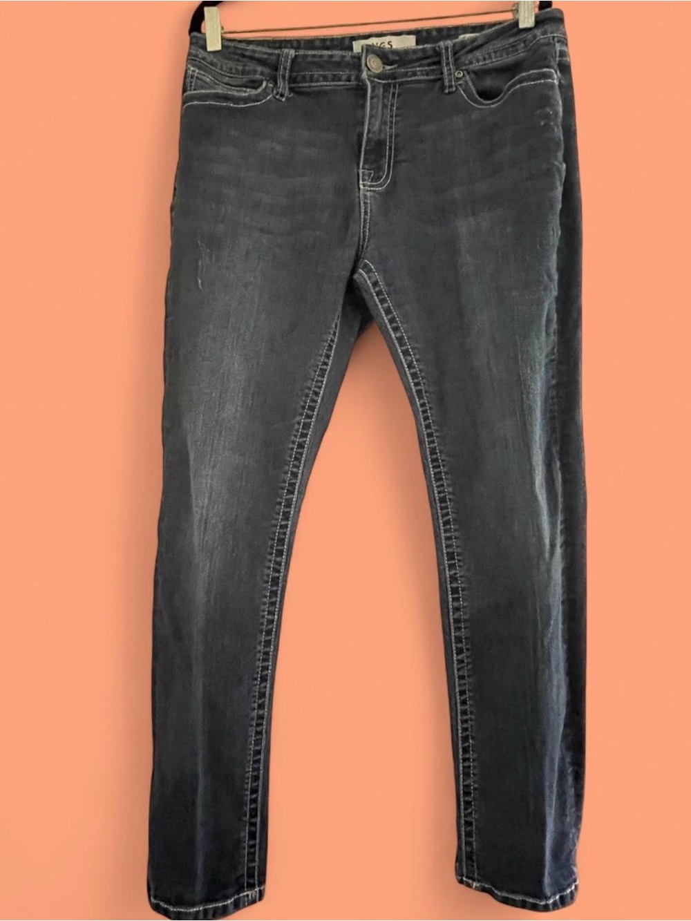 VGS Jeans Womens Straight Medium Wash Blue Denim Embroidered 5 Pocket Button Zip